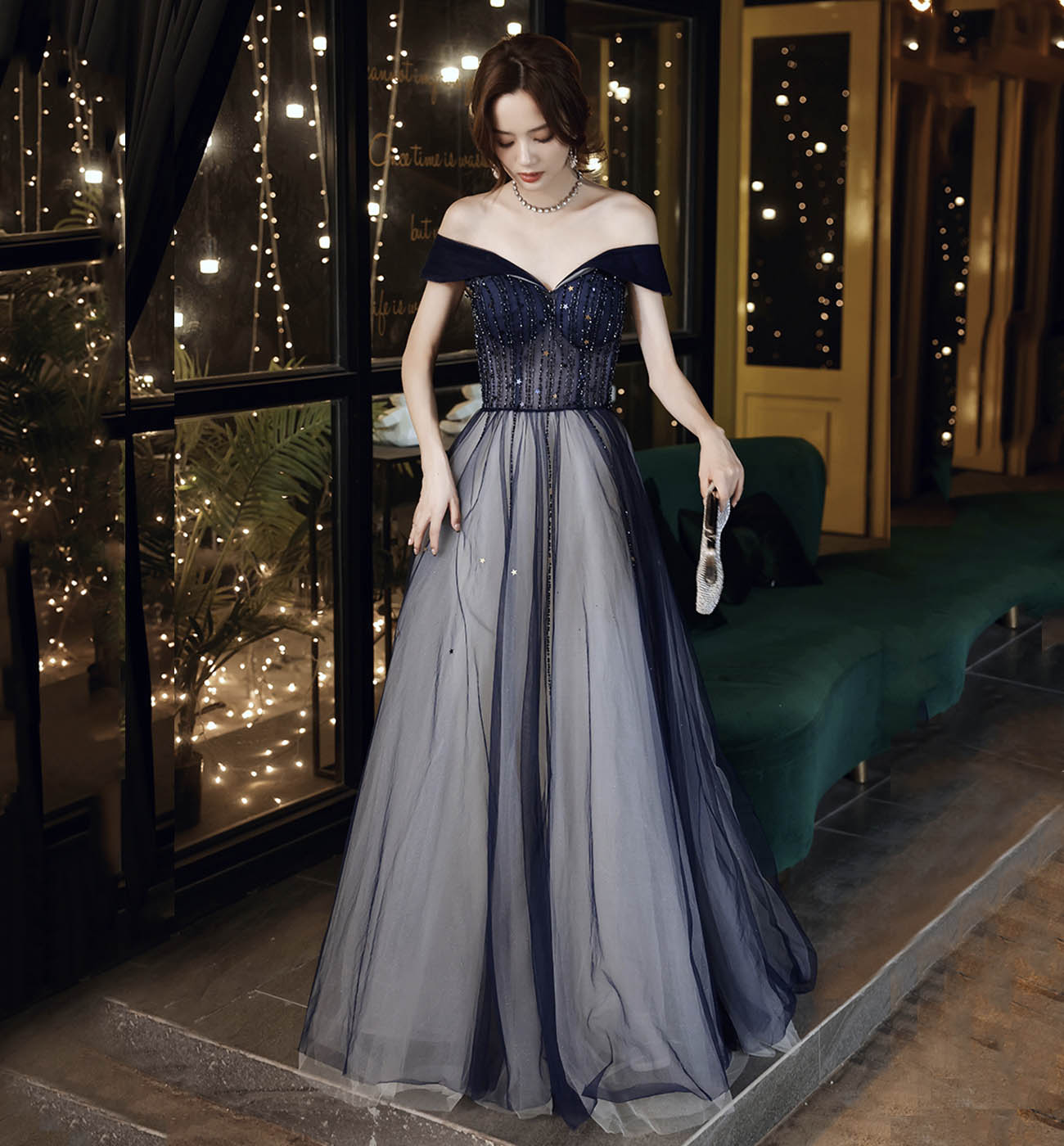 Blue tulle beads long prom dress blue evening dress  8612