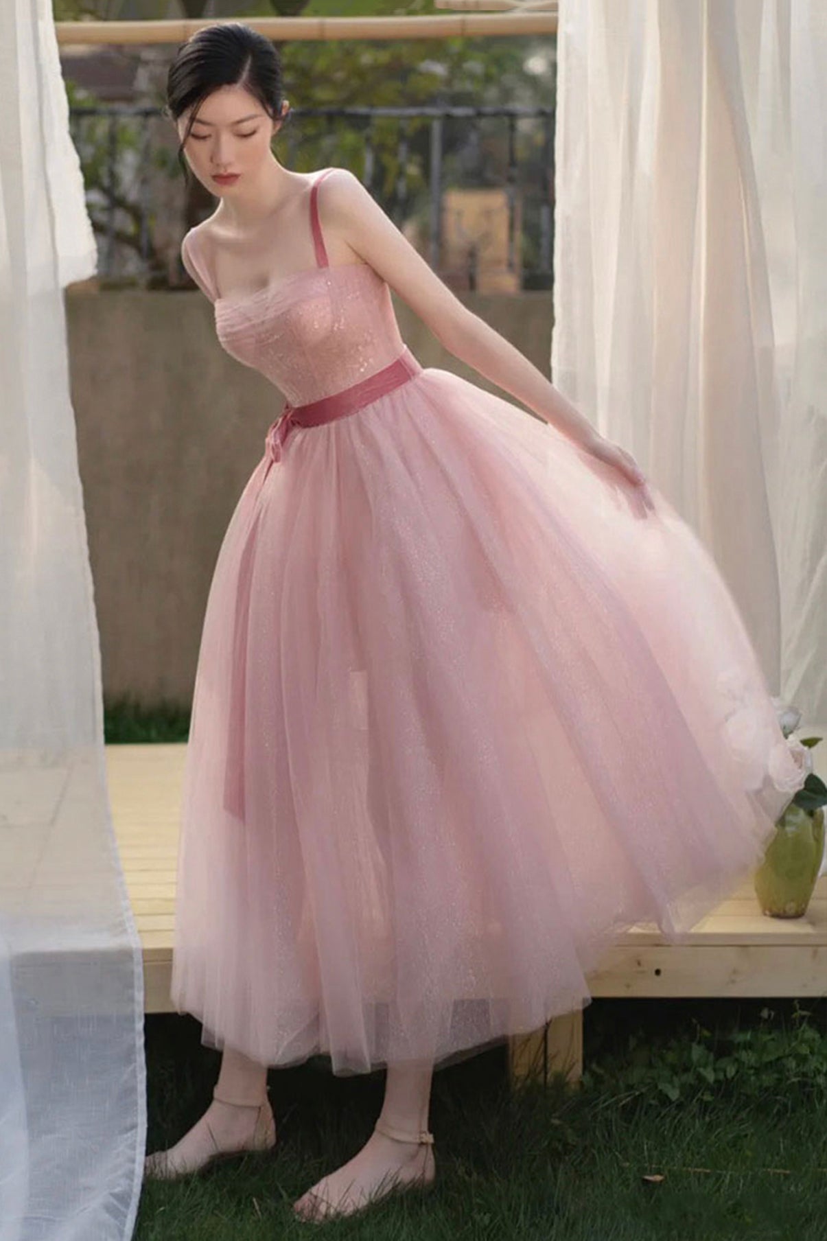 Pink tulle short A line prom dress evening dress  8857