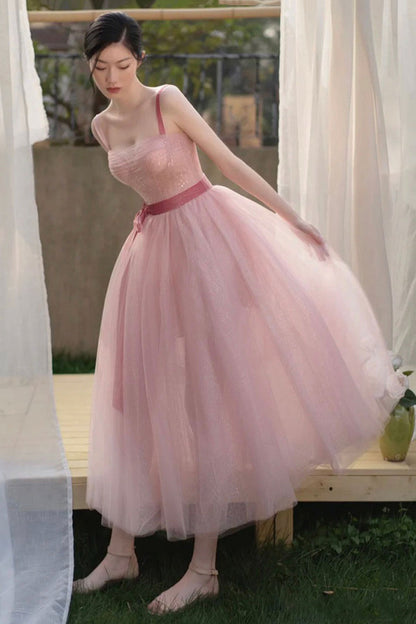 Pink tulle short A line prom dress evening dress  8857