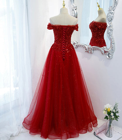 Red tulle sequins long prom dress red evening dress  8987