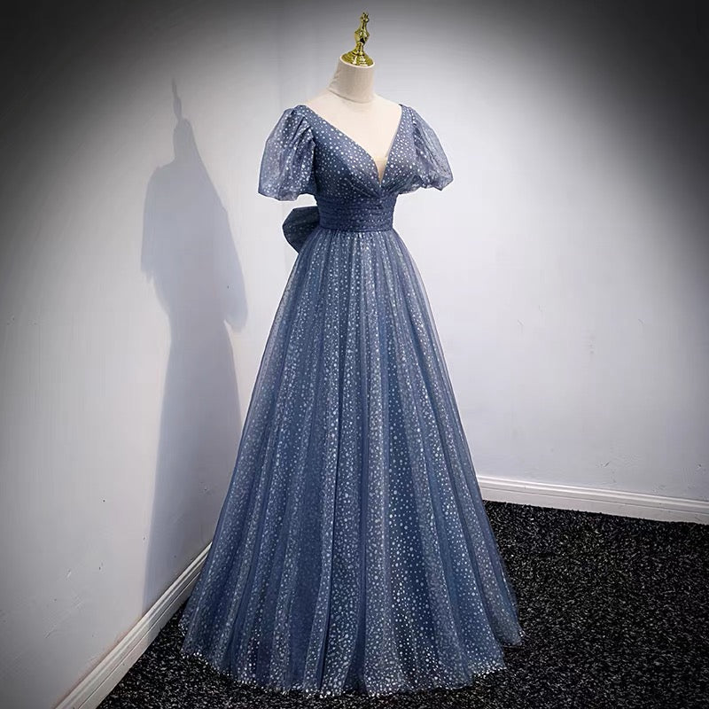 Blue v neck tulle long prom dress blue evening dress  8957