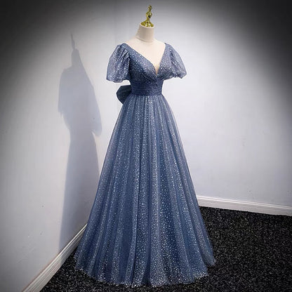 Blue v neck tulle long prom dress blue evening dress  8957