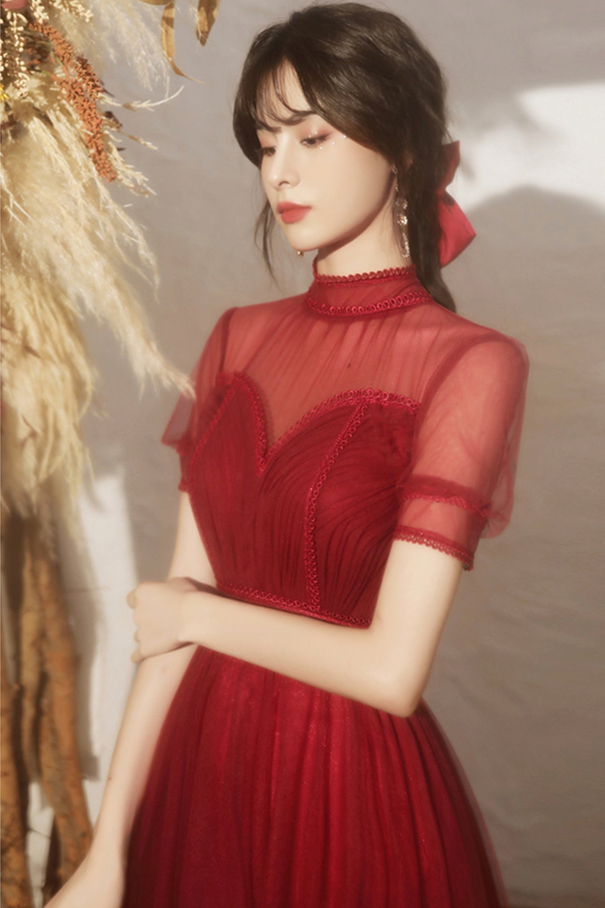 Burgundy tulle long A line prom dress evening dress  8692