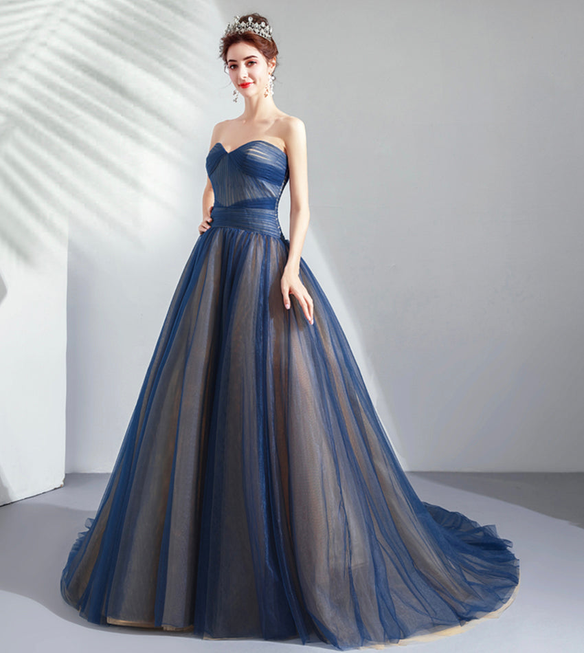 Blue tulle long prom dress blue evening dress  8431