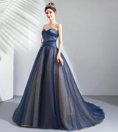 Blue tulle long prom dress blue evening dress  8431
