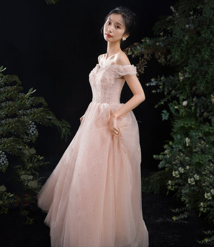 Pink tulle long A line prom dress pink evening dress  8844
