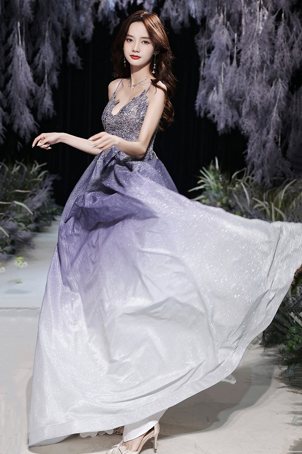 Stylish v neck lace long prom dress evening dress  8567