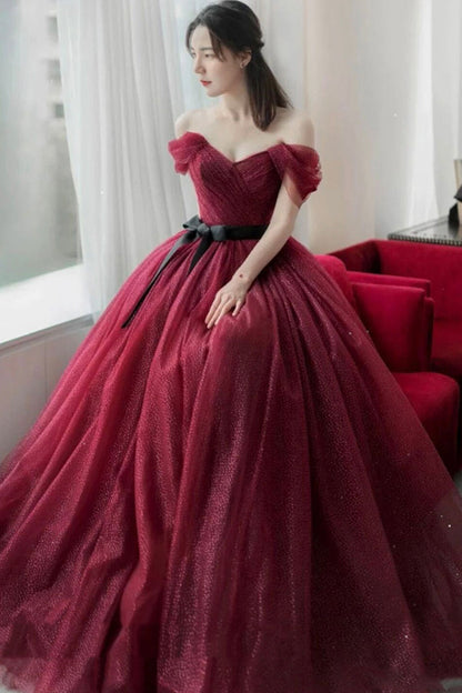Burgundy tulle long A line prom dress evening dress  8856