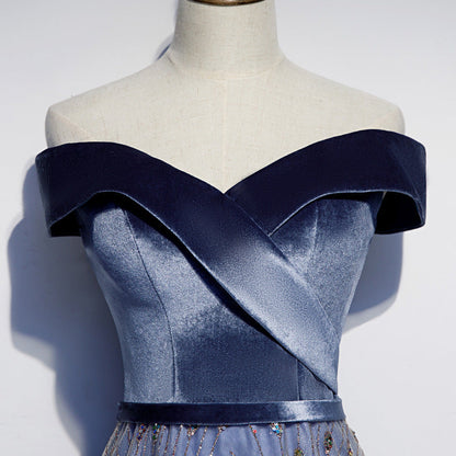 Blue velvet tulle long prom dress blue evening dress  8465