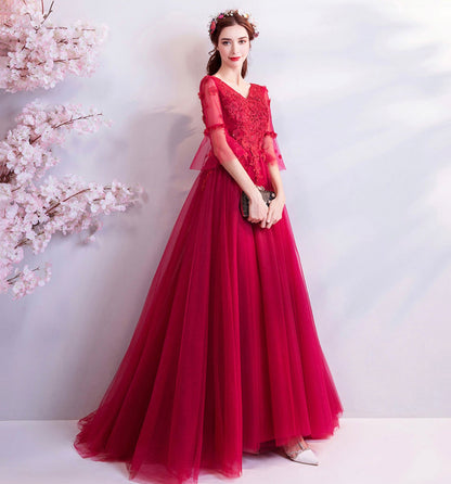 Red v neck lace long prom dress A line evening gown  8934