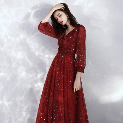Burgundy lace long sleeve prom dress evening dress  8985