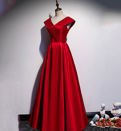 Burgundy v neck satin long prom dress evening dress  8384