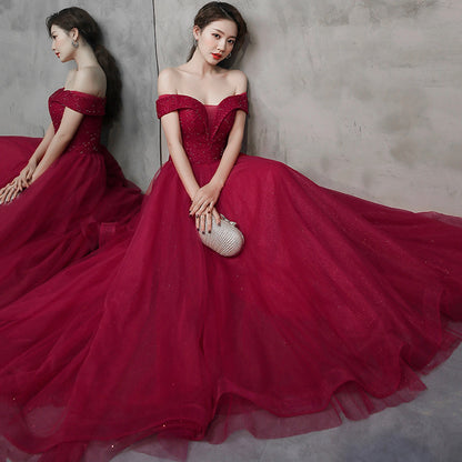 Burgundy tulle beads long prom dress A line evening dress  8997