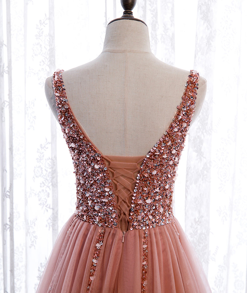 Pink v neck tulle beads prom dress A line evening dress  8377