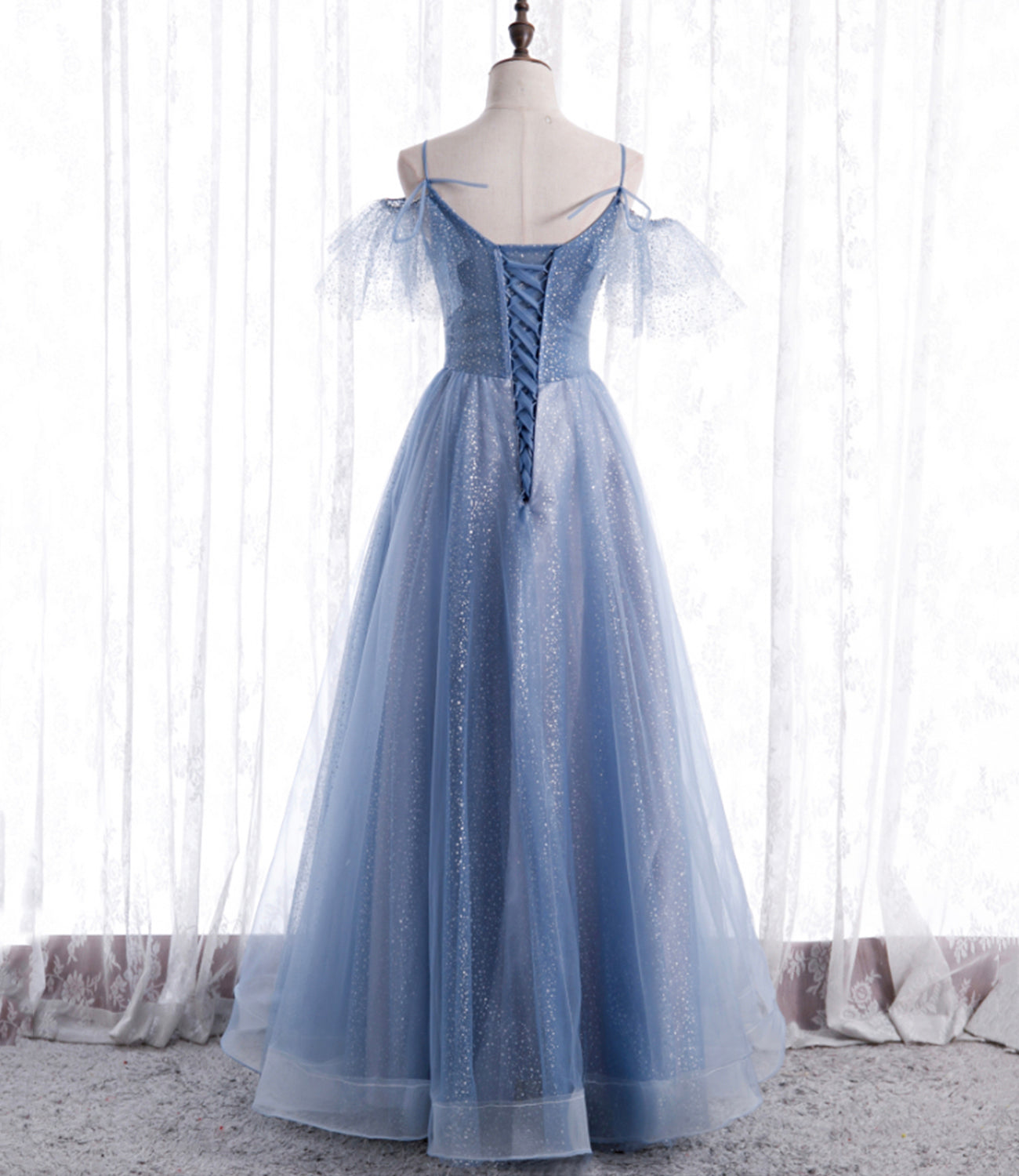 Blue tulle long A line prom dress fashion dress  8763