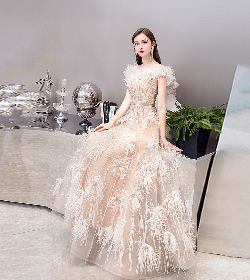 Unique tulle beads long prom dress evening dress  8524