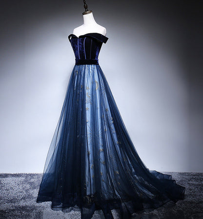 Blue velvet tulle long prom dress evening dress  8449