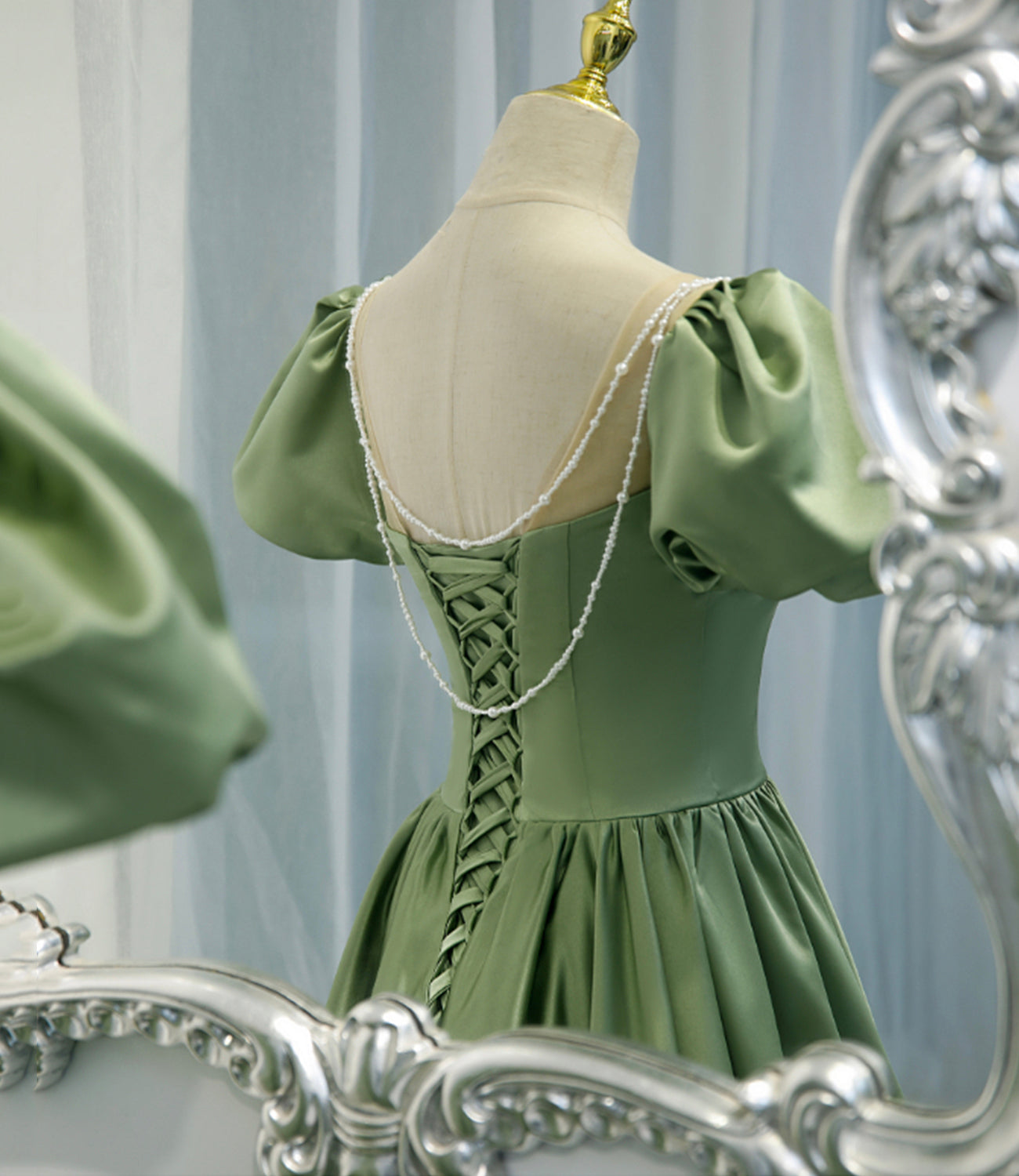 Green satin long A line prom dress green evening dress  8810