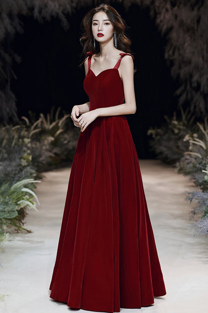 Burgundy velvet long A line prom dress evening dress  8699