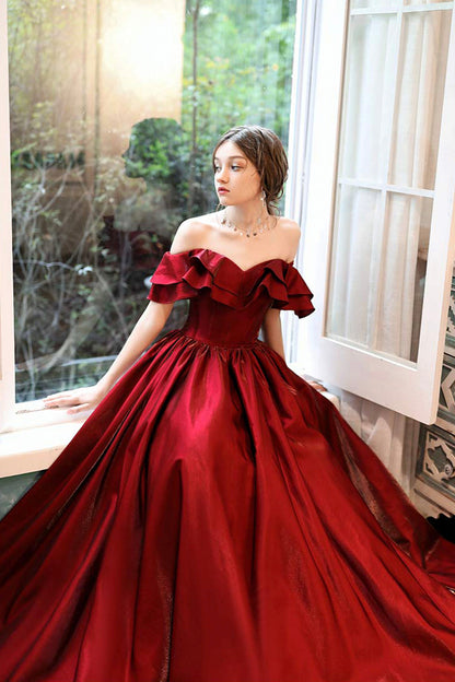 Burgundy satin long prom dress evening dress  8510