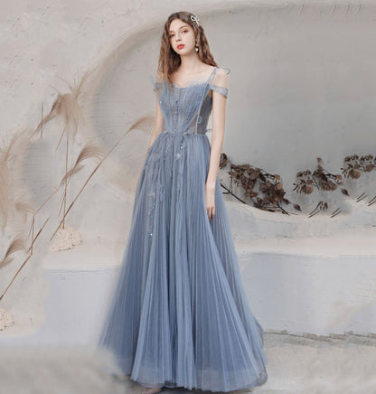 Blue tulle long prom dress blue evening dress  8628