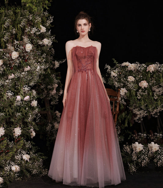 Burgundy tulle long A line prom dress evening dress  8798