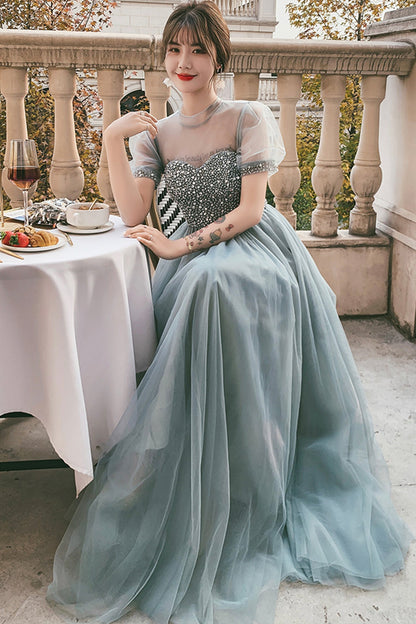 Blue tulle beads long A line prom dress evening dress  8789