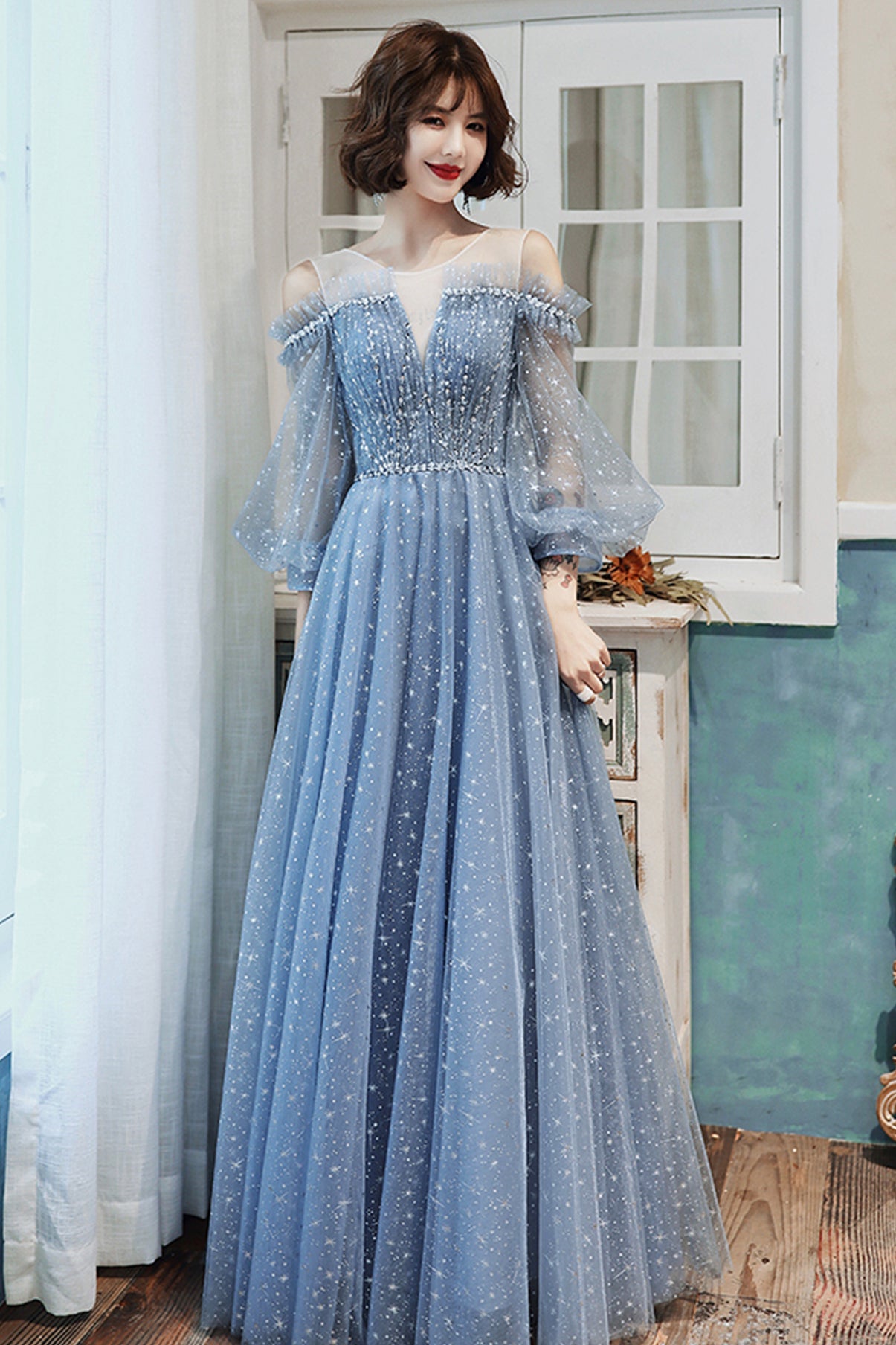 Blue tulle long A line prom dress blue evening dress  8759