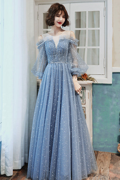 Blue tulle long A line prom dress blue evening dress  8759