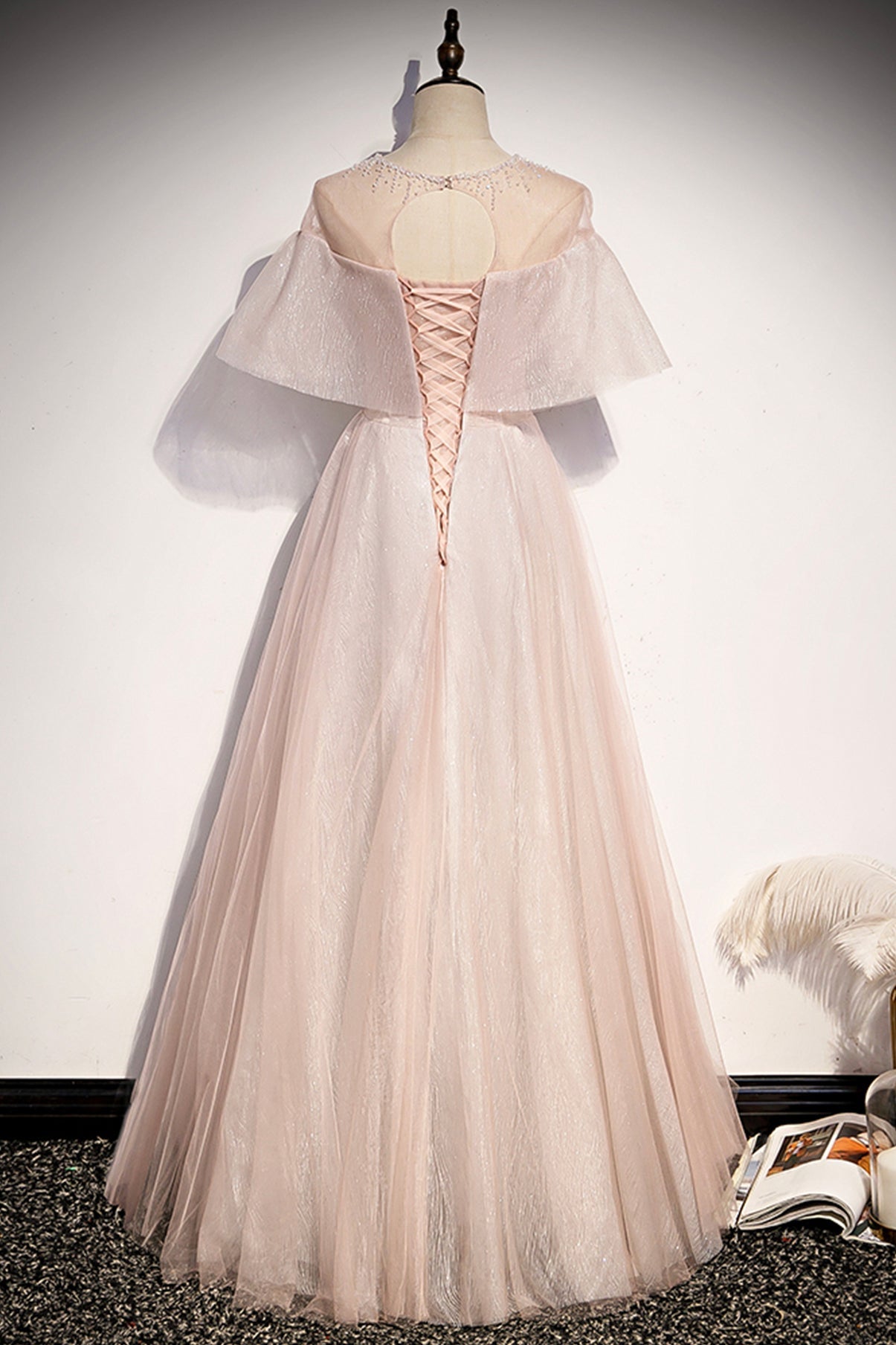 Pink tulle long A line prom dress pink evening dress  8707