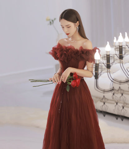 Unique tulle long prom dress off shoulder evening dress  8862