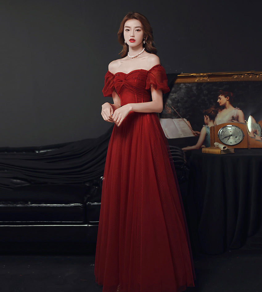 Burgundy tulle long prom dress evening dress  8553