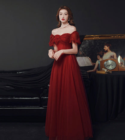 Burgundy tulle long prom dress evening dress  8553