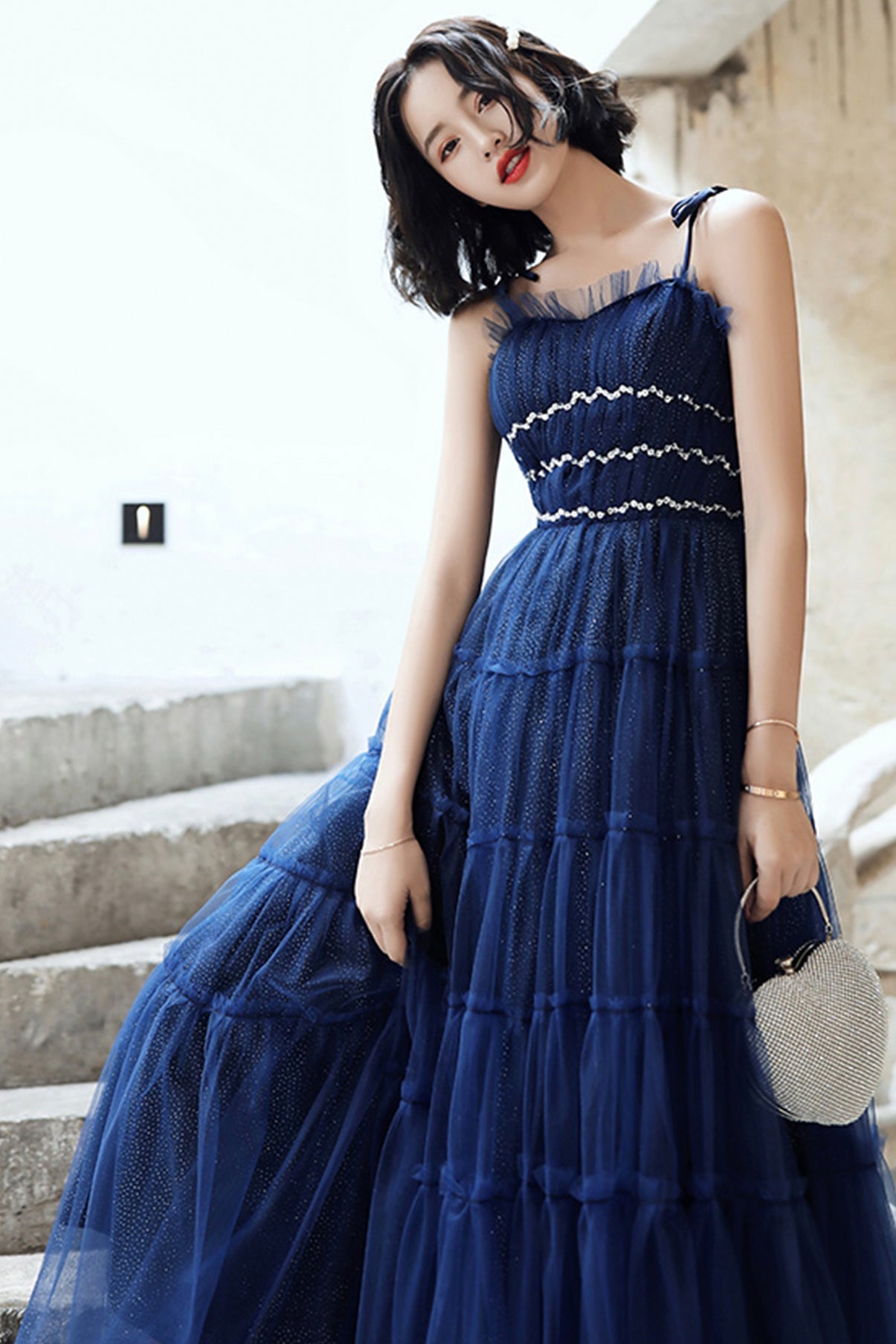 Blue tulle long A line prom dress blue evening dress  8741