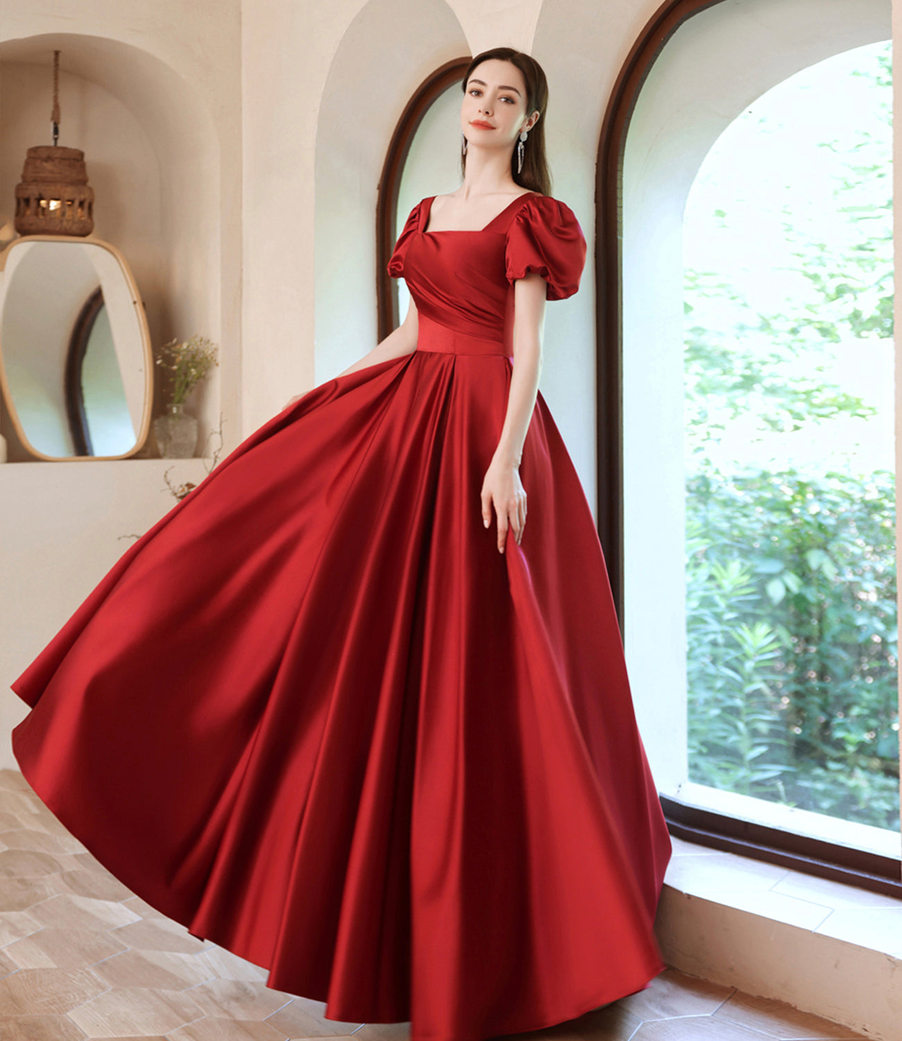 Burgundy satin long A line prom dress evening dress  8829