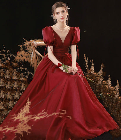 Burgundy v neck long prom dress A line evening gown  8937