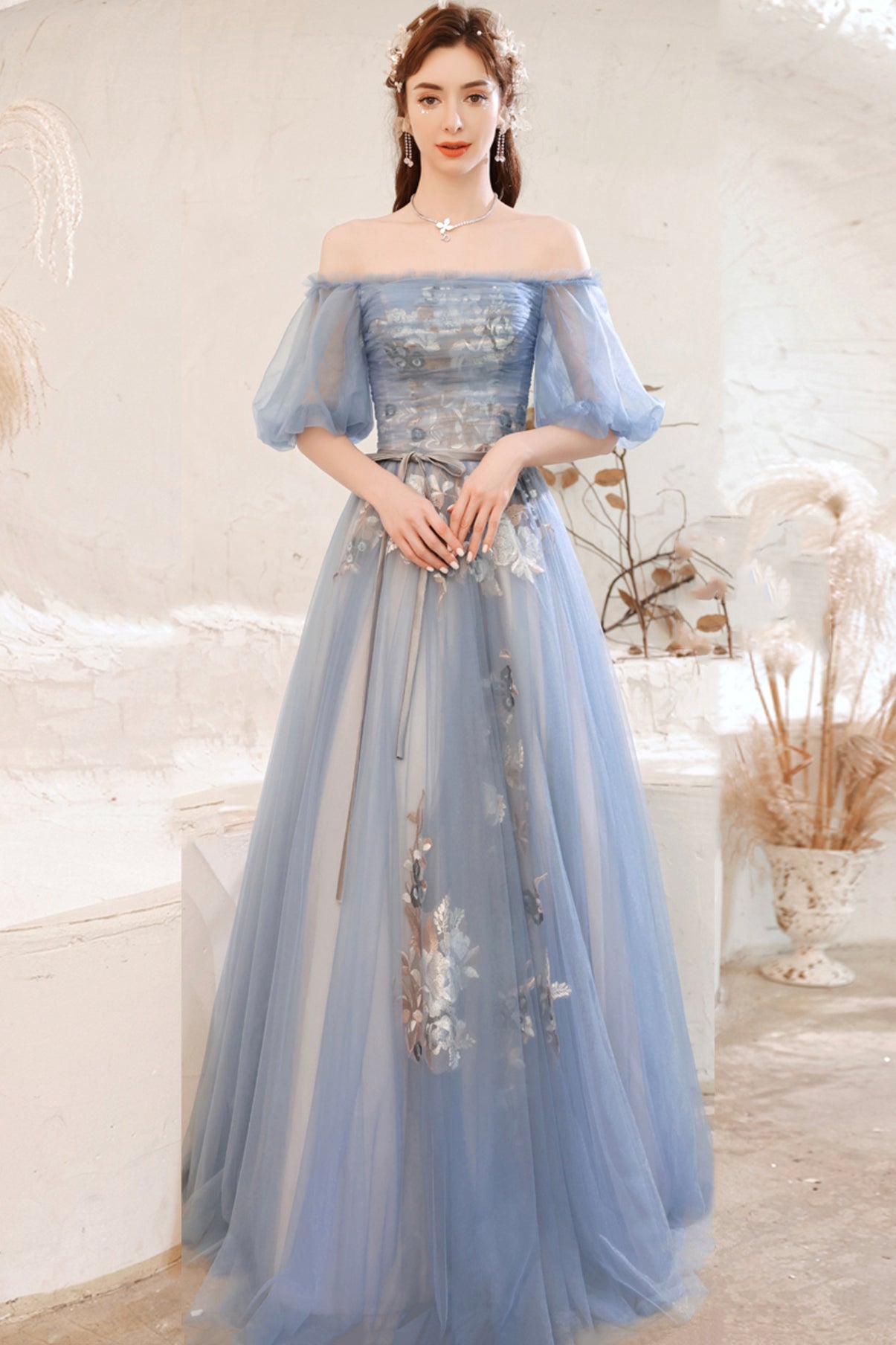 Blue lace long A line prom dress blue evening dress  8751