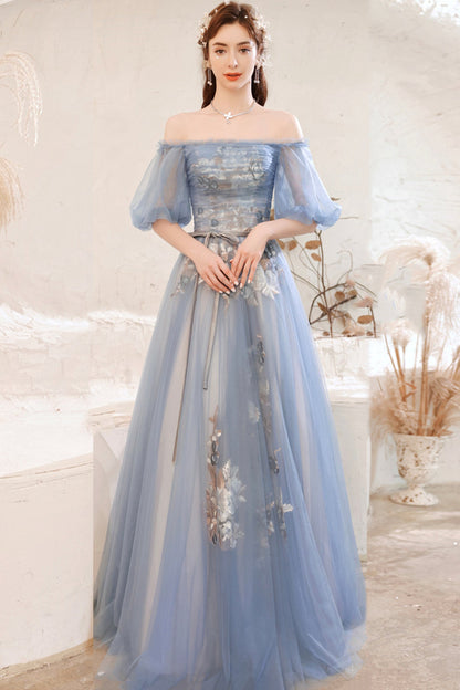 Blue lace long A line prom dress blue evening dress  8751