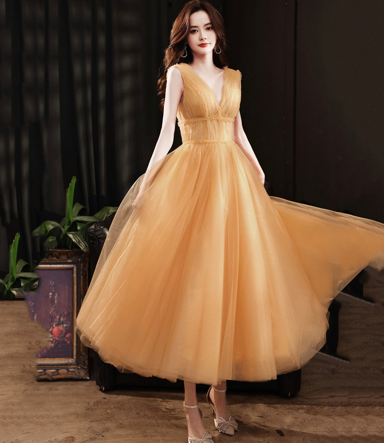 Yellow tulle short A line prom dress yellow evening dress  8933