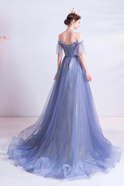 Blue tulle lace long A line prom dress evening dress  8670