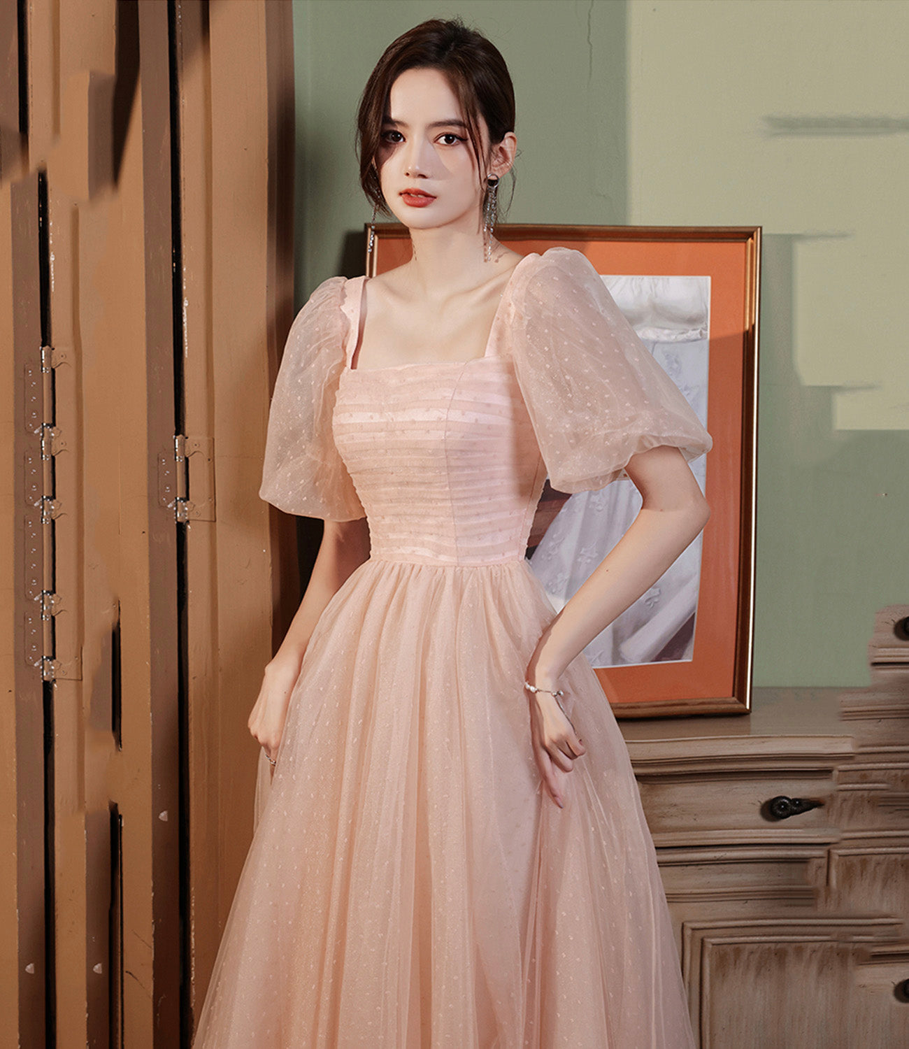 Pink tulle long A line prom dress pink evening gown  8943