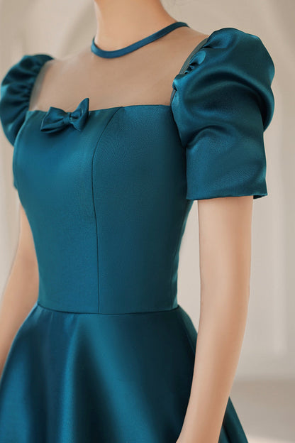 Blue satin long A line prom dress blue evening dress  8784