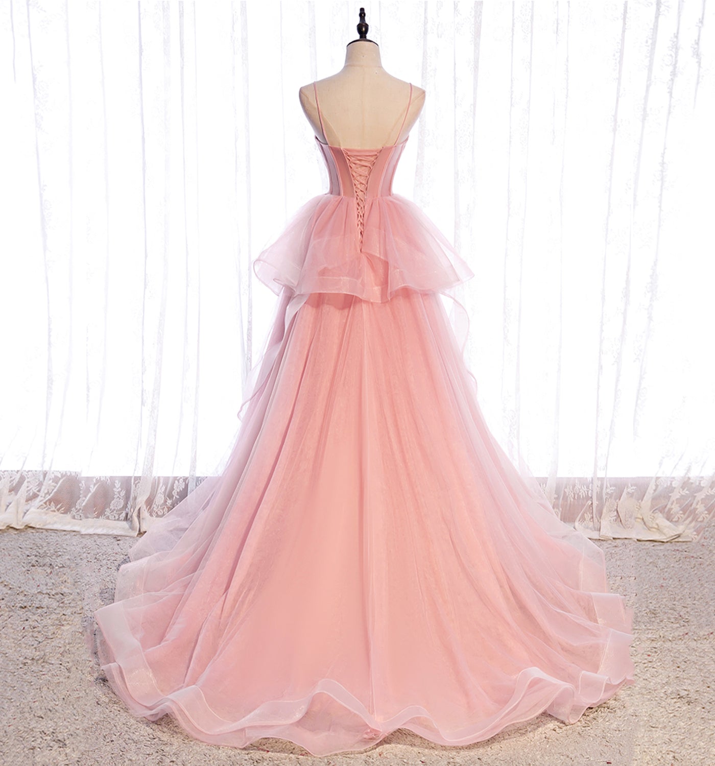 Pink tulle long prom dress A line evening gown  10012