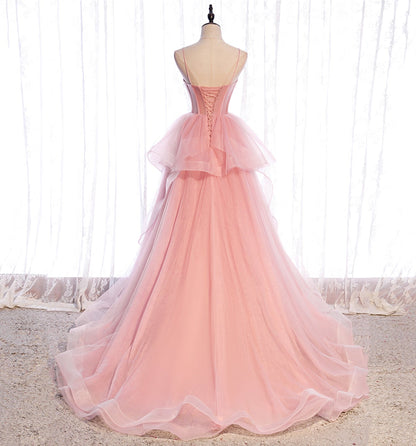 Pink tulle long prom dress A line evening gown  10012