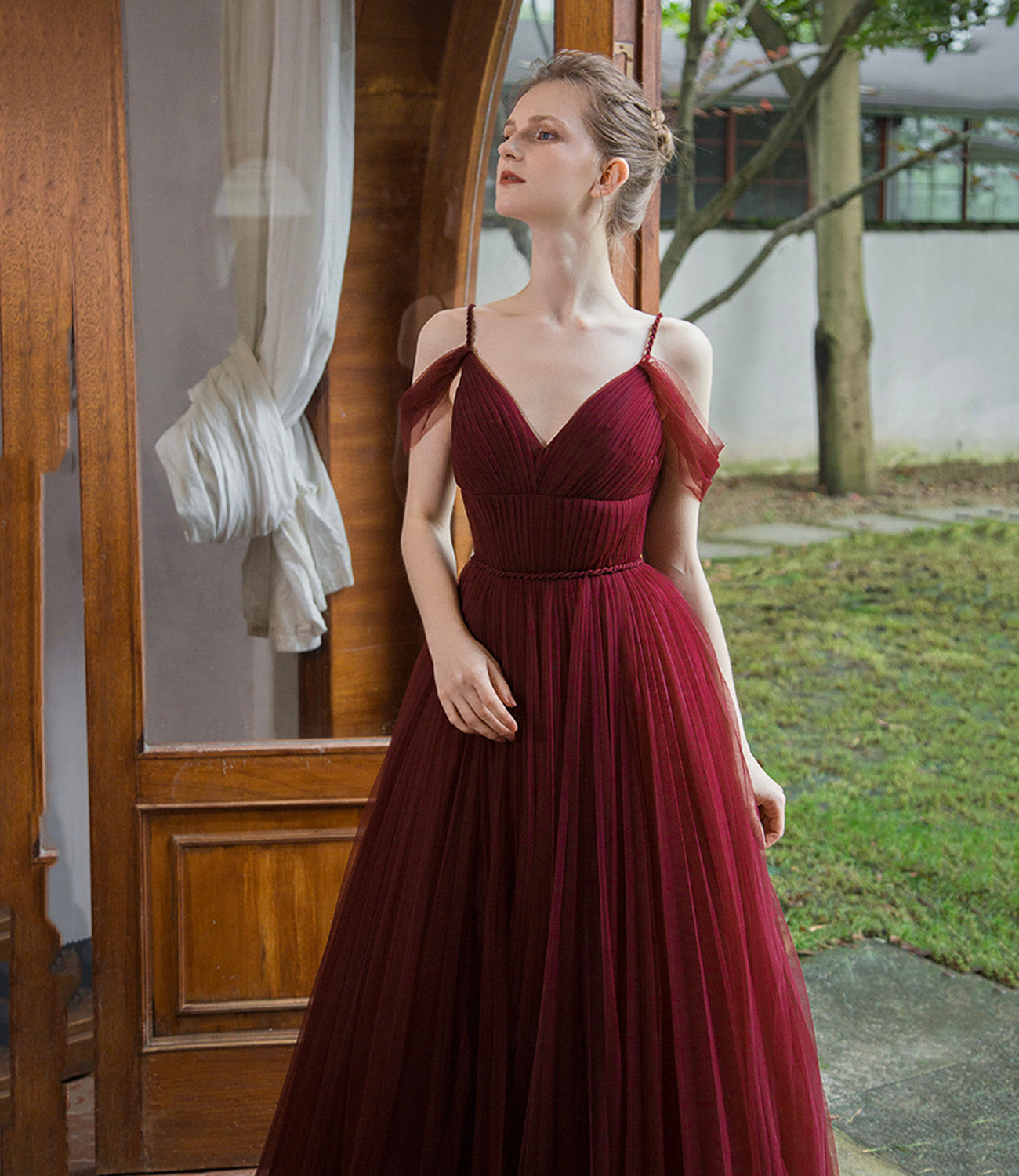 Burgundy tulle long prom dress simple evening gown  8941