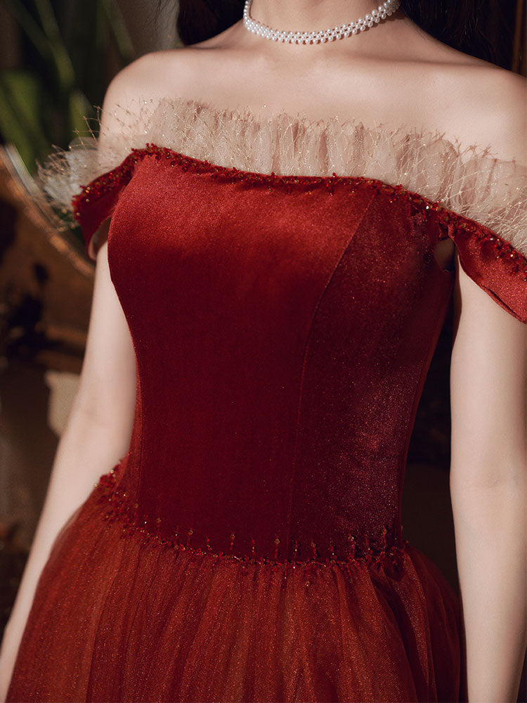 Burgundy velvet tulle long prom dress evening dress  8382