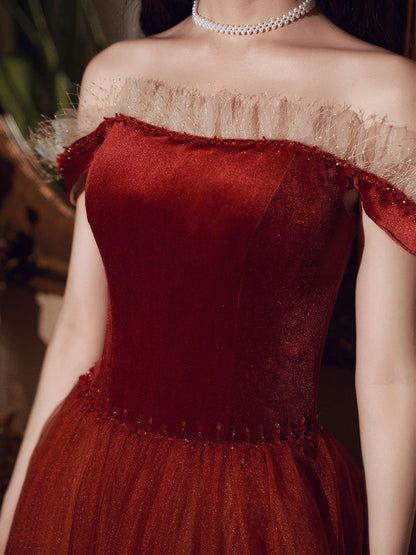 Burgundy velvet tulle long prom dress evening dress  8382