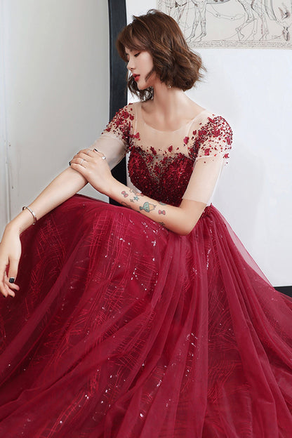 Burgundy tulle beads long A line prom dress evening dress  8756