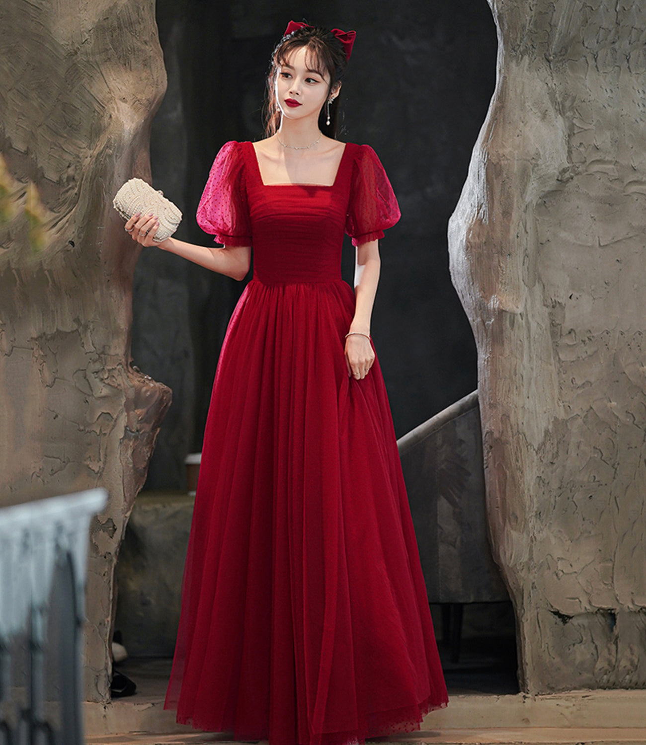 Burgundy tulle long A line prom dress evening dress  8843