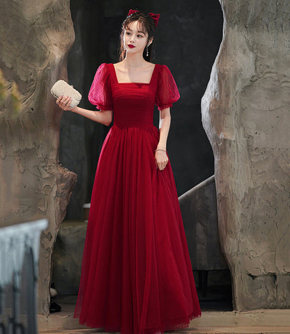 Burgundy tulle long A line prom dress evening dress  8843